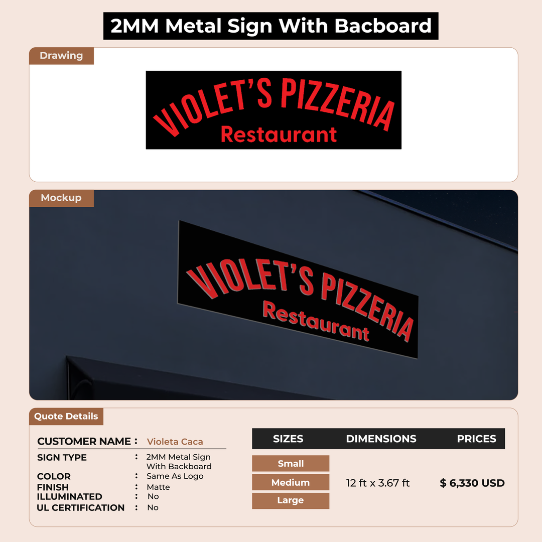 2mm metal sign with backboard for Violeta Caca