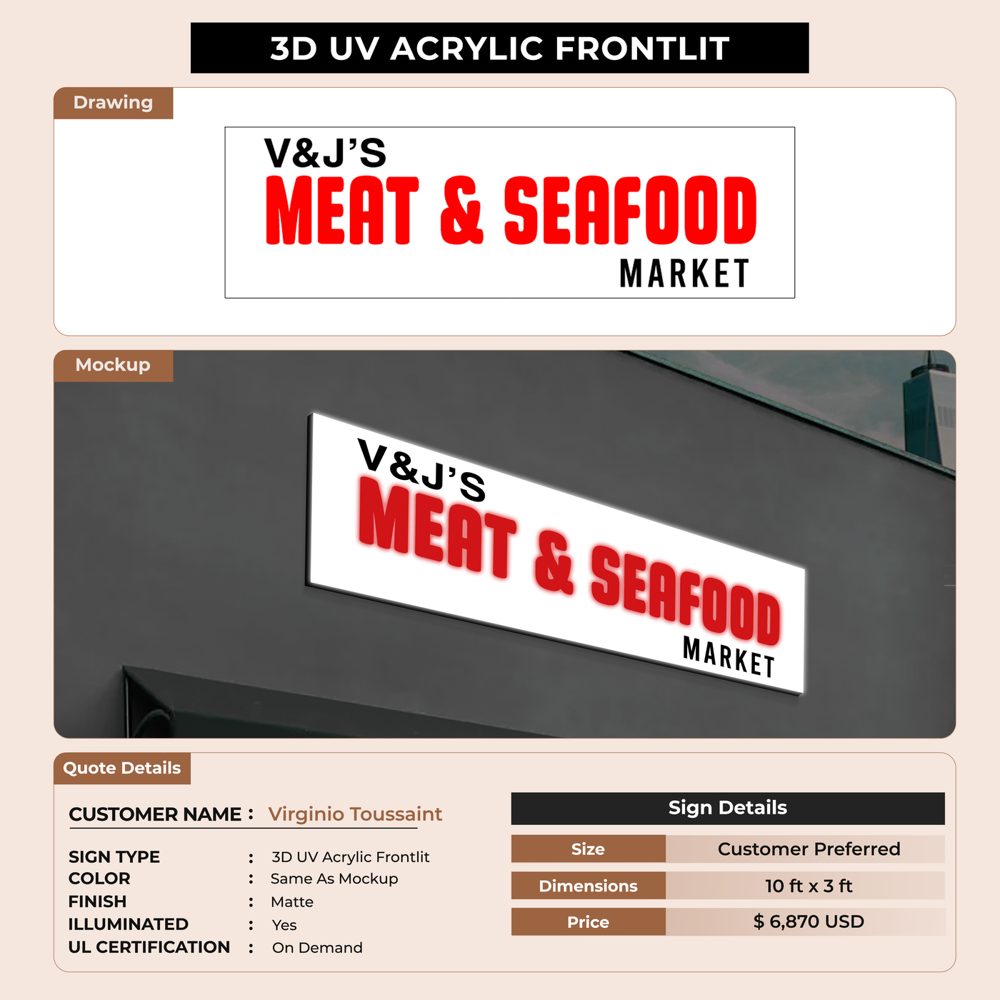 3D UV Acrylic Frontlit Sign for Virginio Toussaint