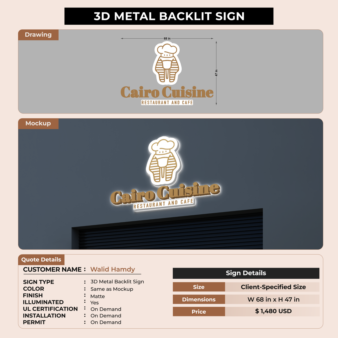 3D Metal Backlit sign for Walid Hamdy
