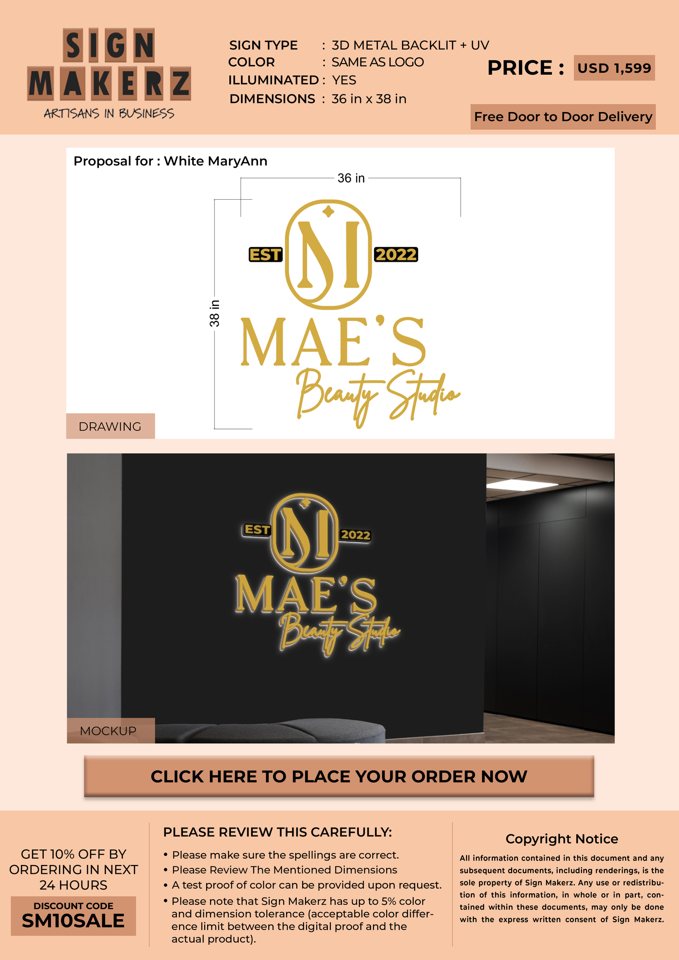 3D Metal Backlit Sign for White MaryAnn