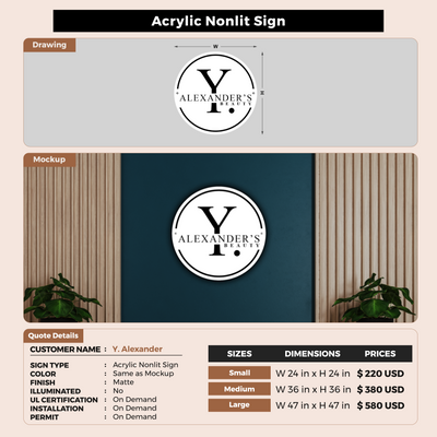 Acrylic Nonlit Sign for Y. Alexander