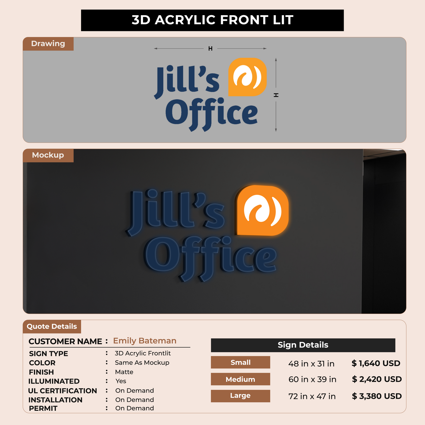 3D Acrylic Front-lit Sign For Emily Bateman