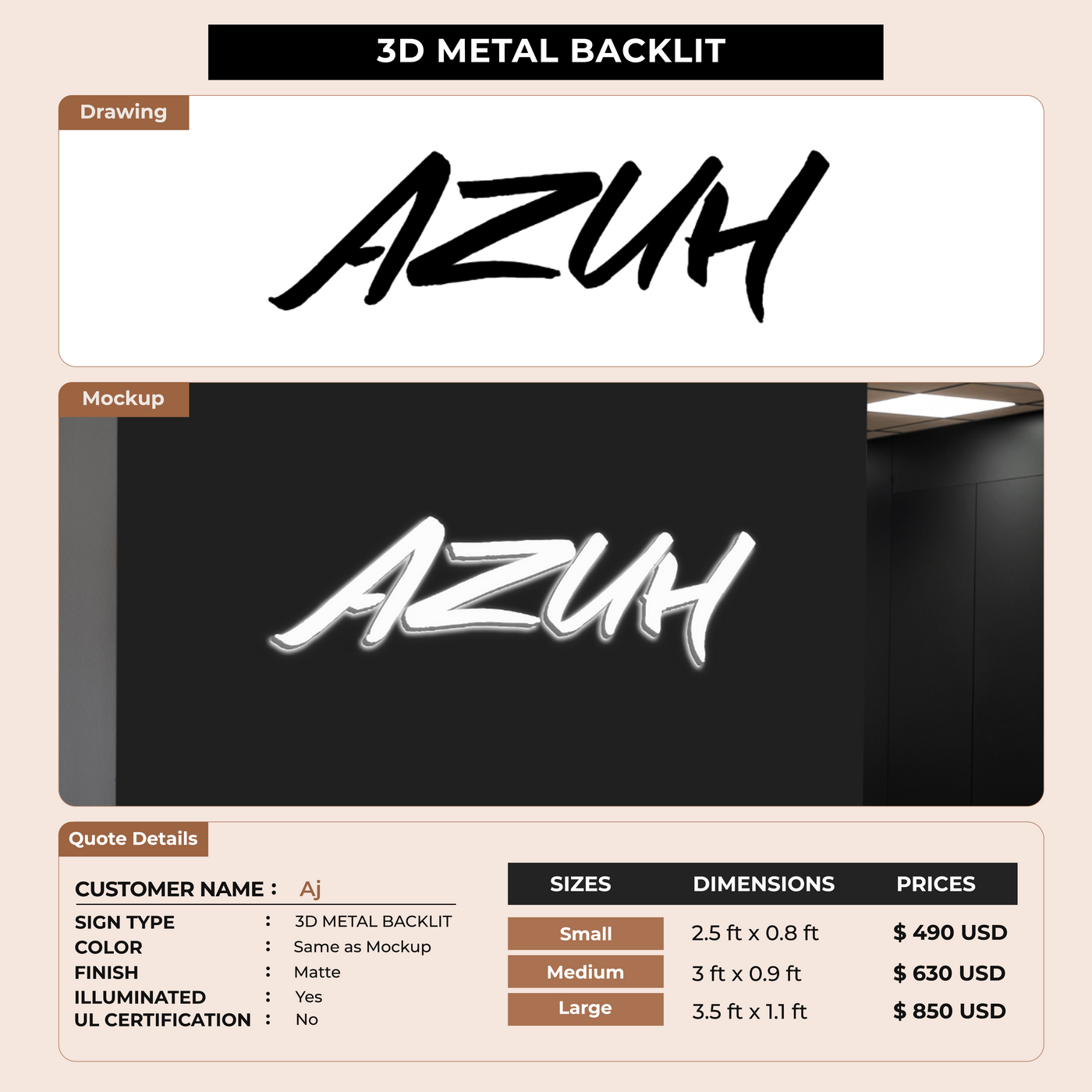 3D Metal Backlit sign for AJ