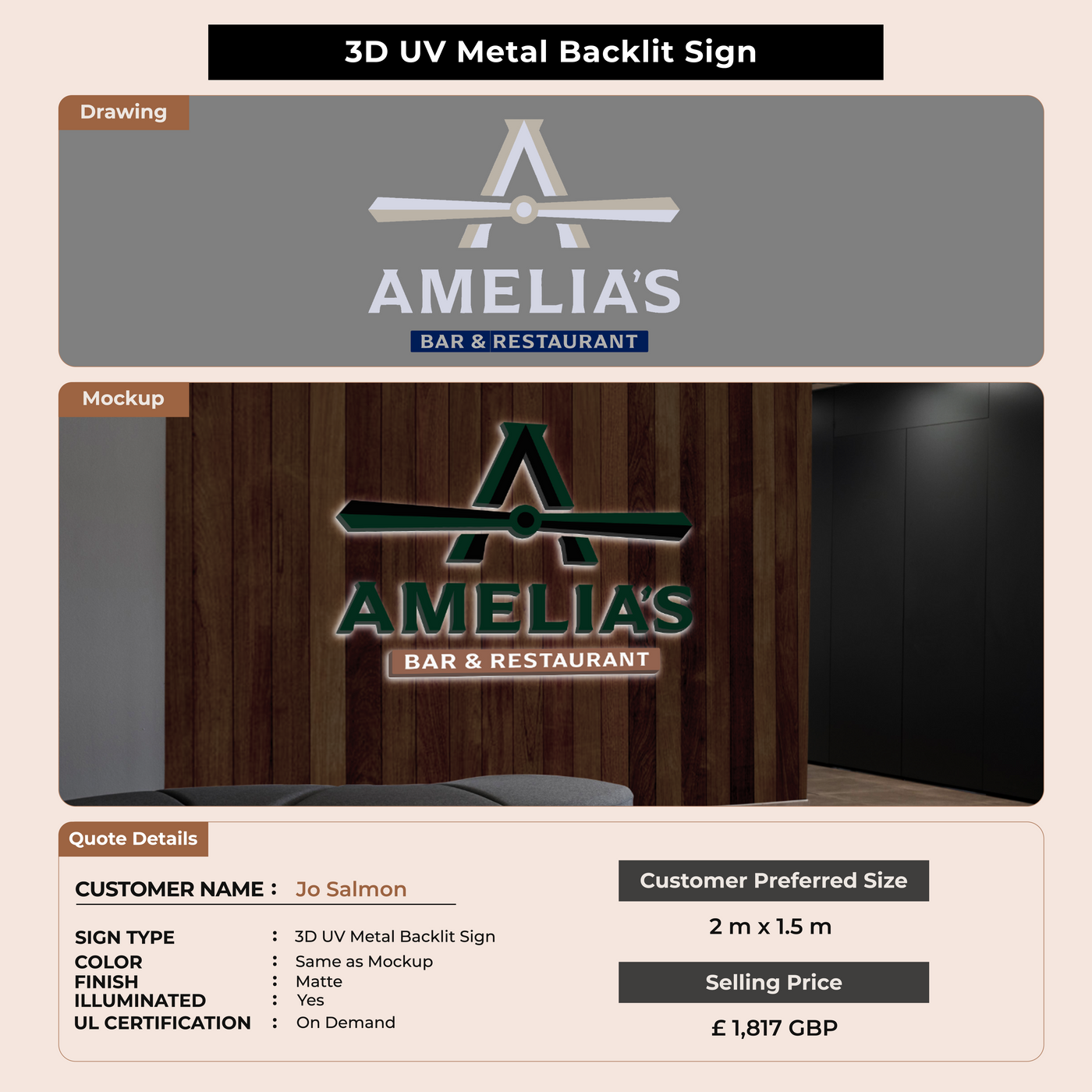 3D UV Metal Back-lit Sign For Jo Salmon