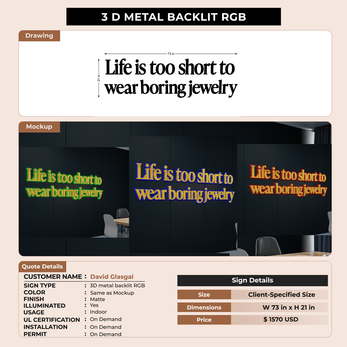 3D metal backlit Signs For David Glasgal