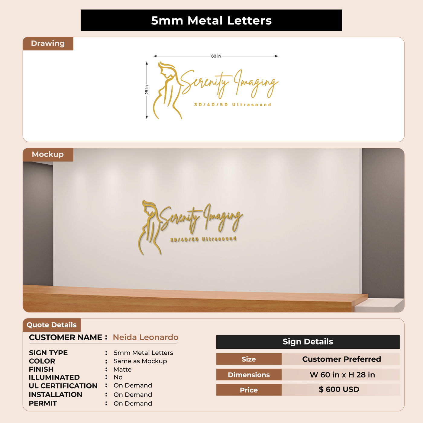 5mm Metal Letters Sign for Neida Leonardo