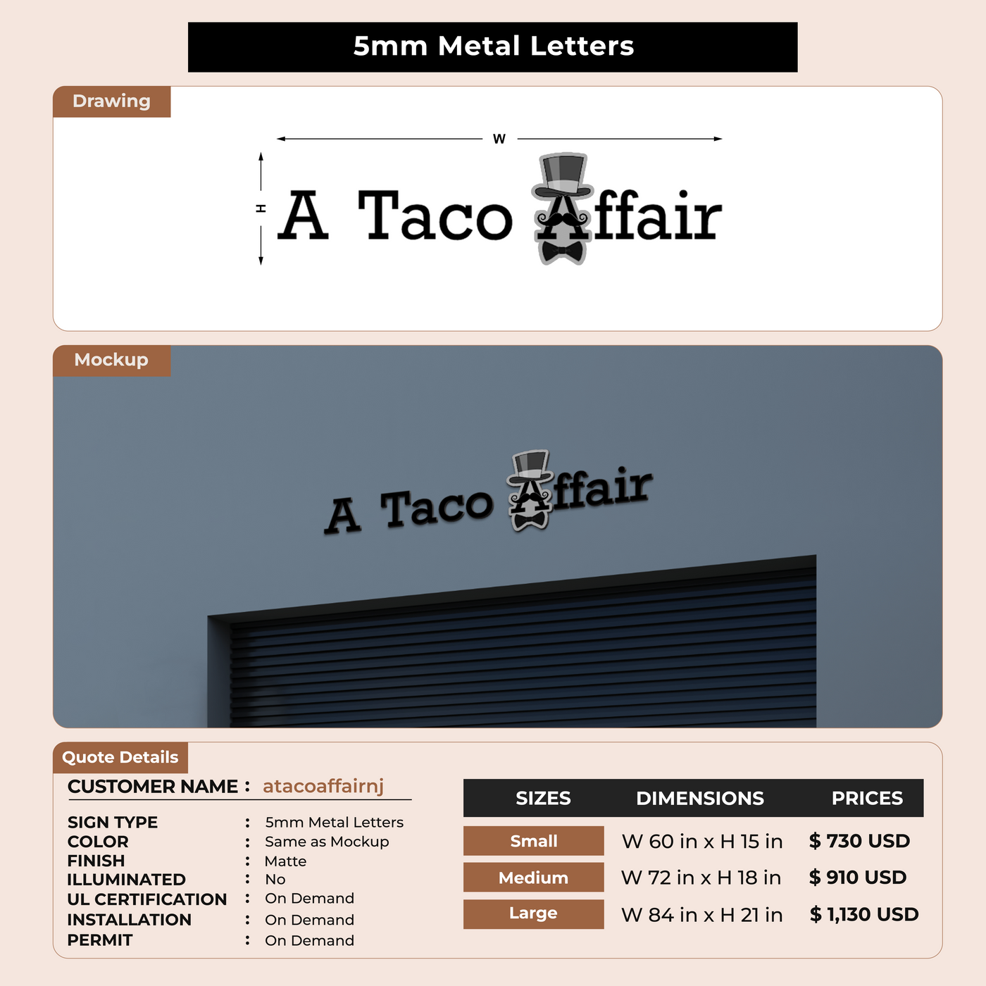 5mm Metal Letters Sign for atacoaffairnj