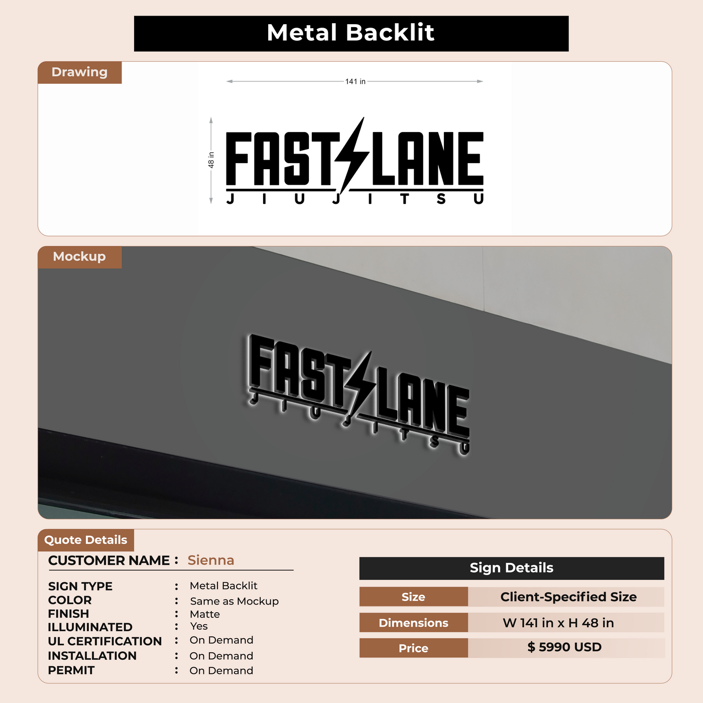 Metal Backlit Sign for Sienna
