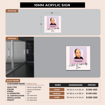 10mm Acrylic Sign for Doris Cruz
