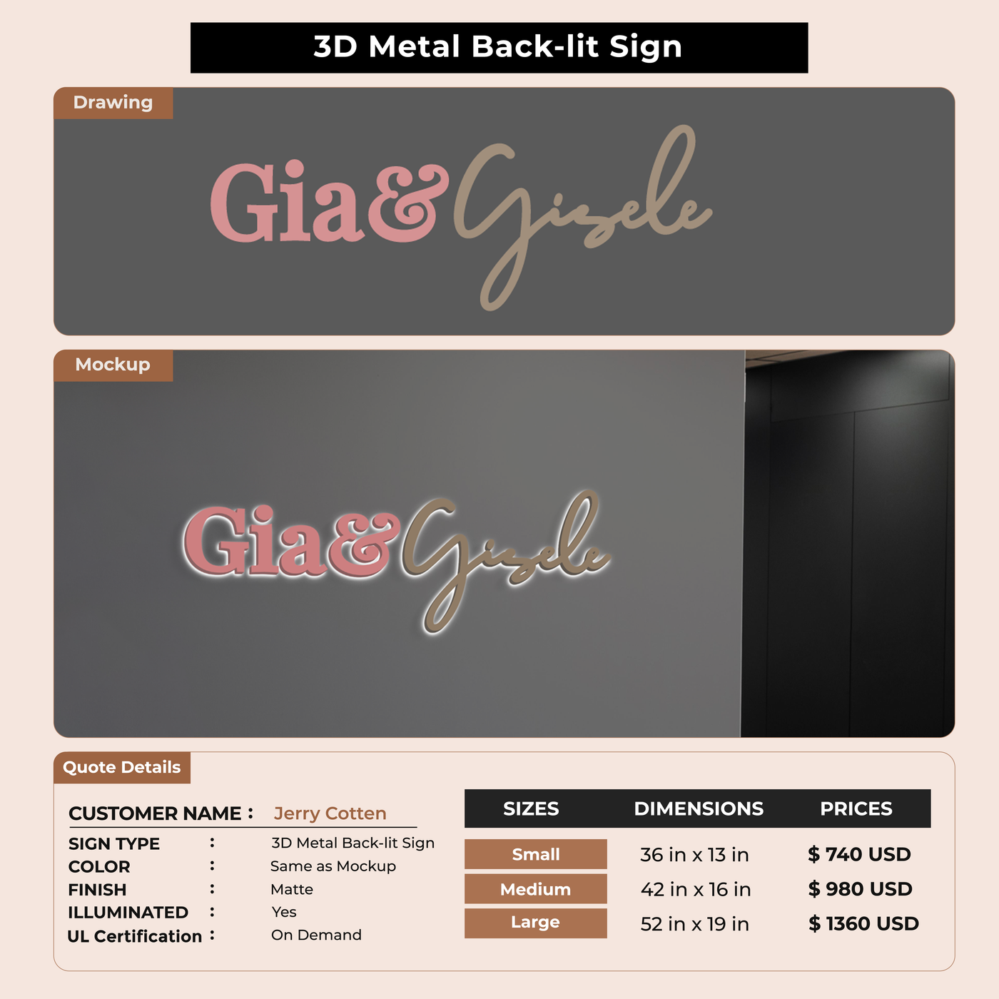 3D Metal Back-lit Sign For Jerry Cotten