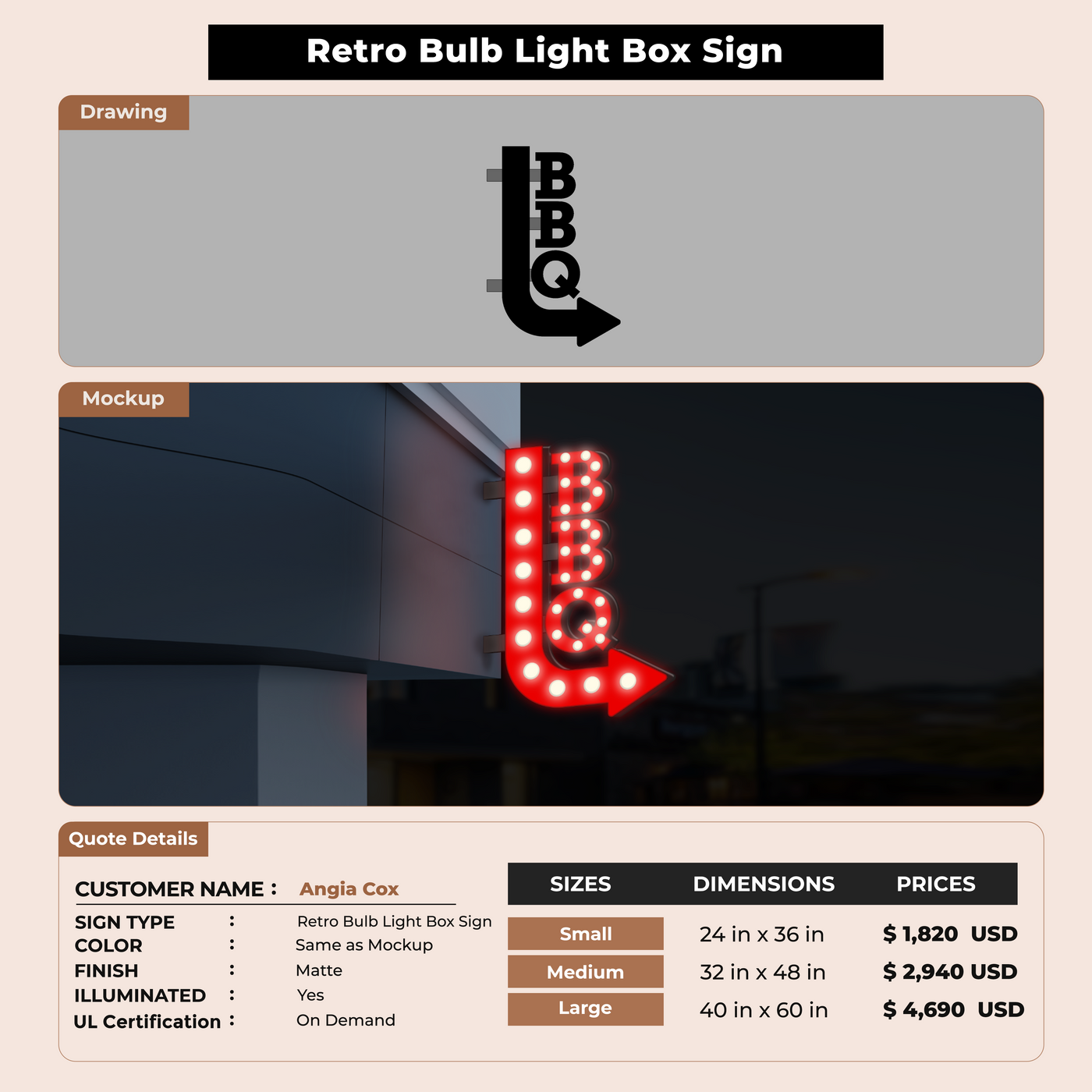 Retro Bulb LightBox Sign For Angia Cox