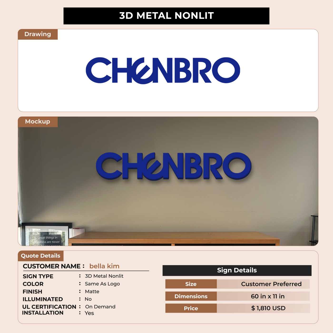 3D Metal Non-lit Sign for bella kim