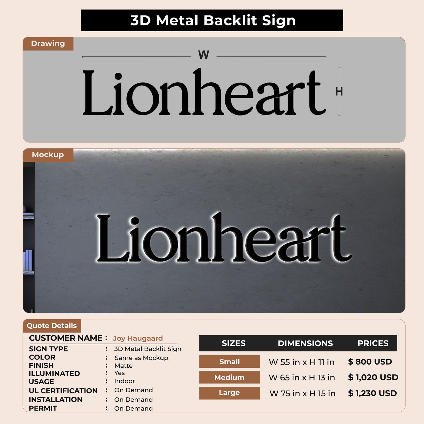 3D Metal Backlit Sign for Joy Haugaard
