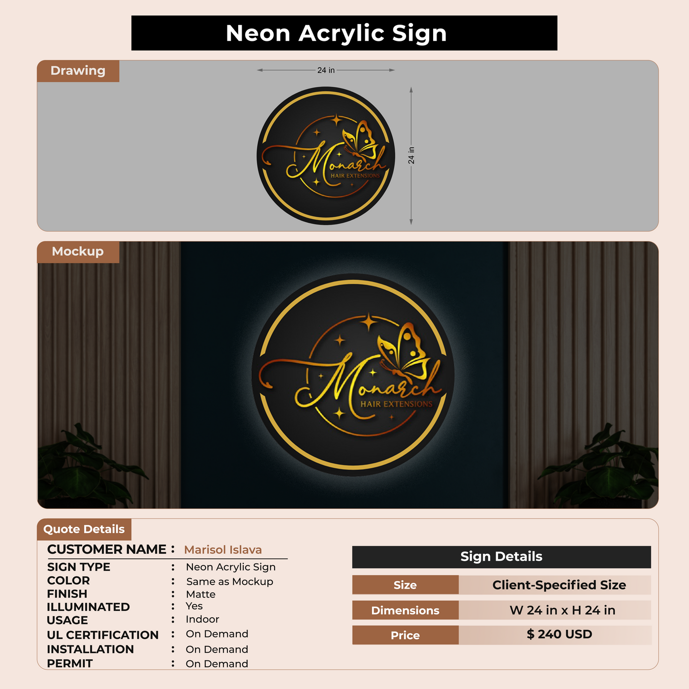 Neon Acrylic Sign For Marisol Islava