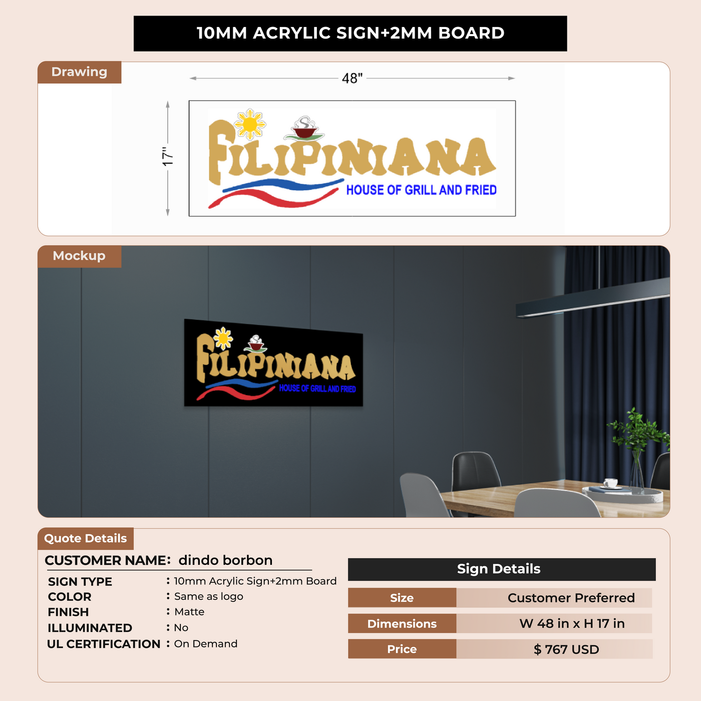 10MM Acrylic Sign for dindo borbon