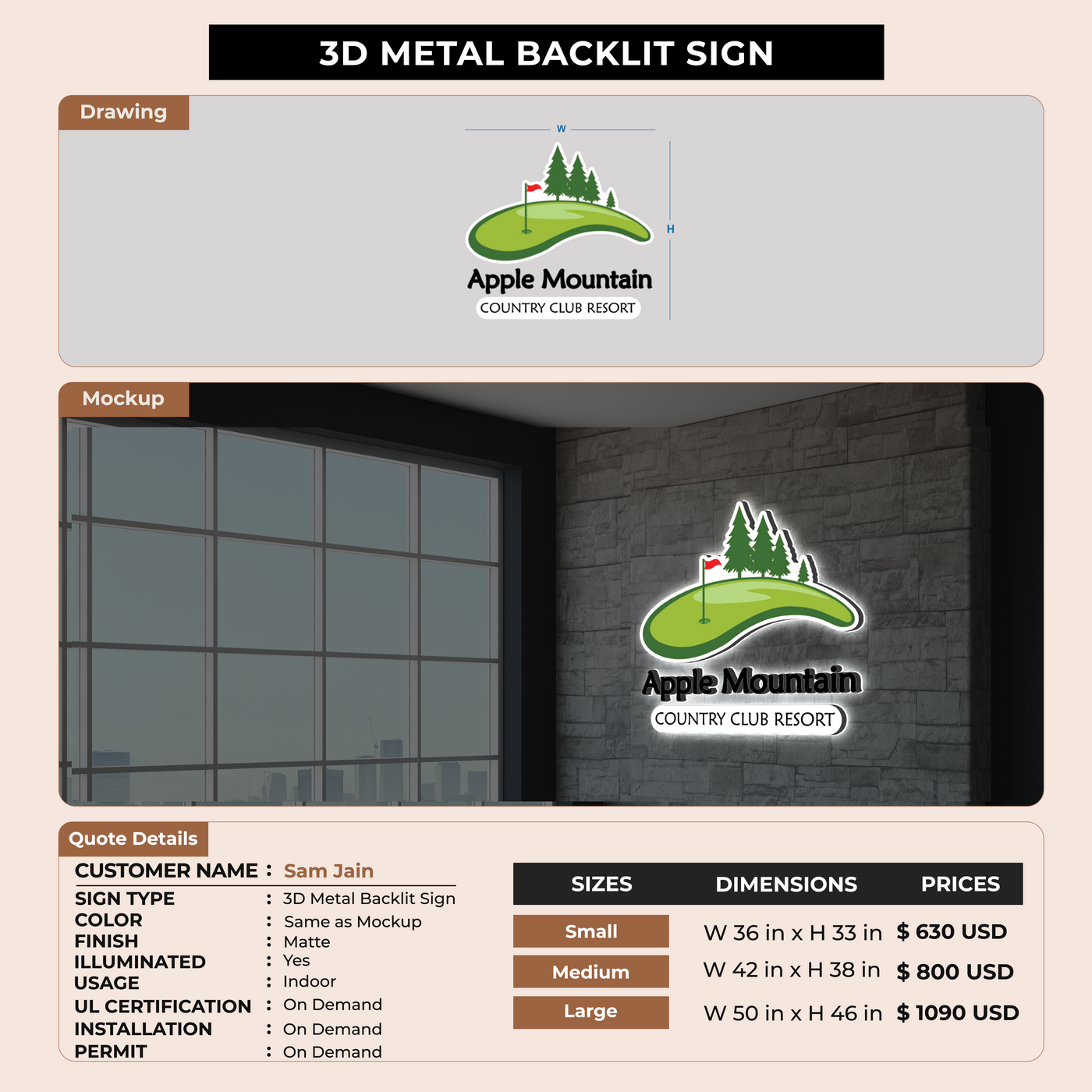 3d metal backlit Sign For Sam Jain