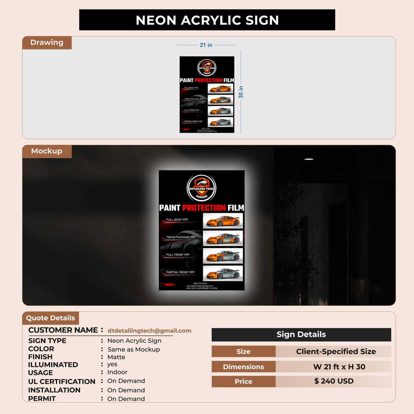 Neon Acrylic Signs for dtdetailingtech@gmail.com