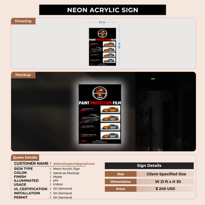 Neon Acrylic Signs for dtdetailingtech@gmail.com