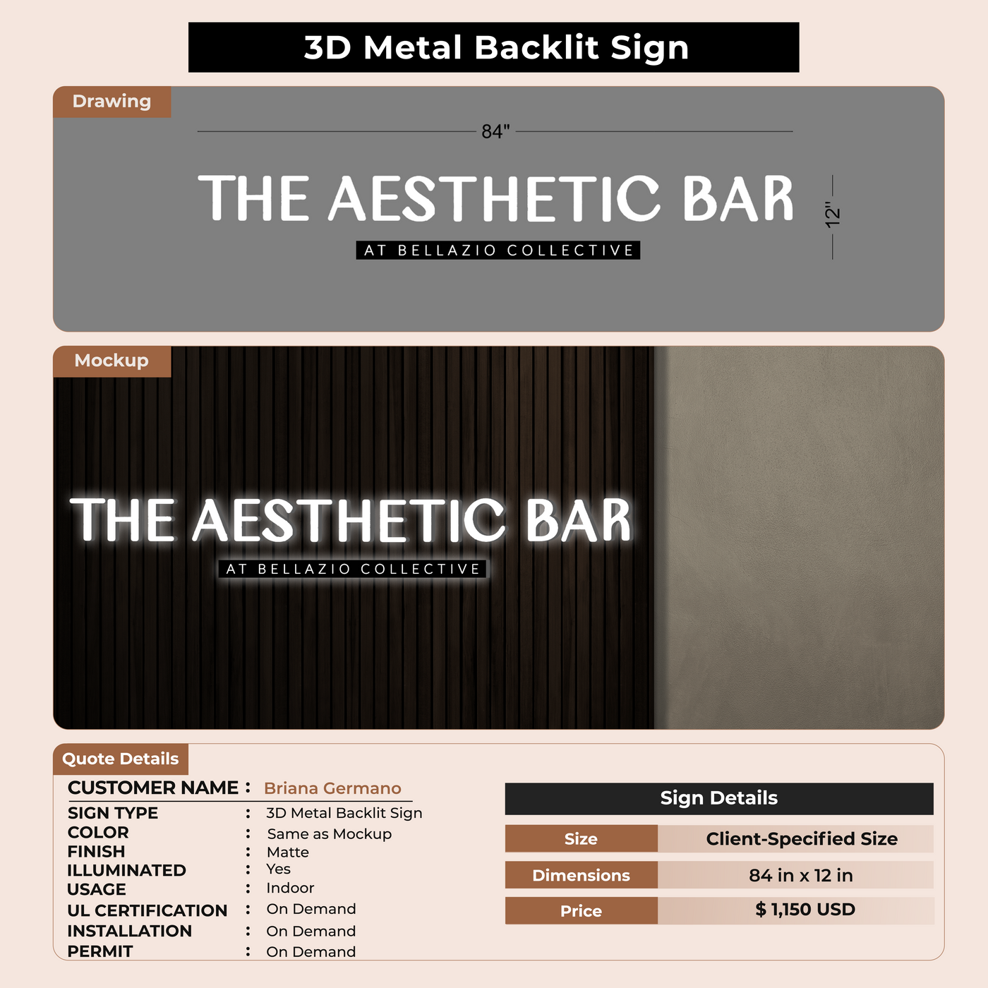 3D metal Backlit Sign for Briana Germano