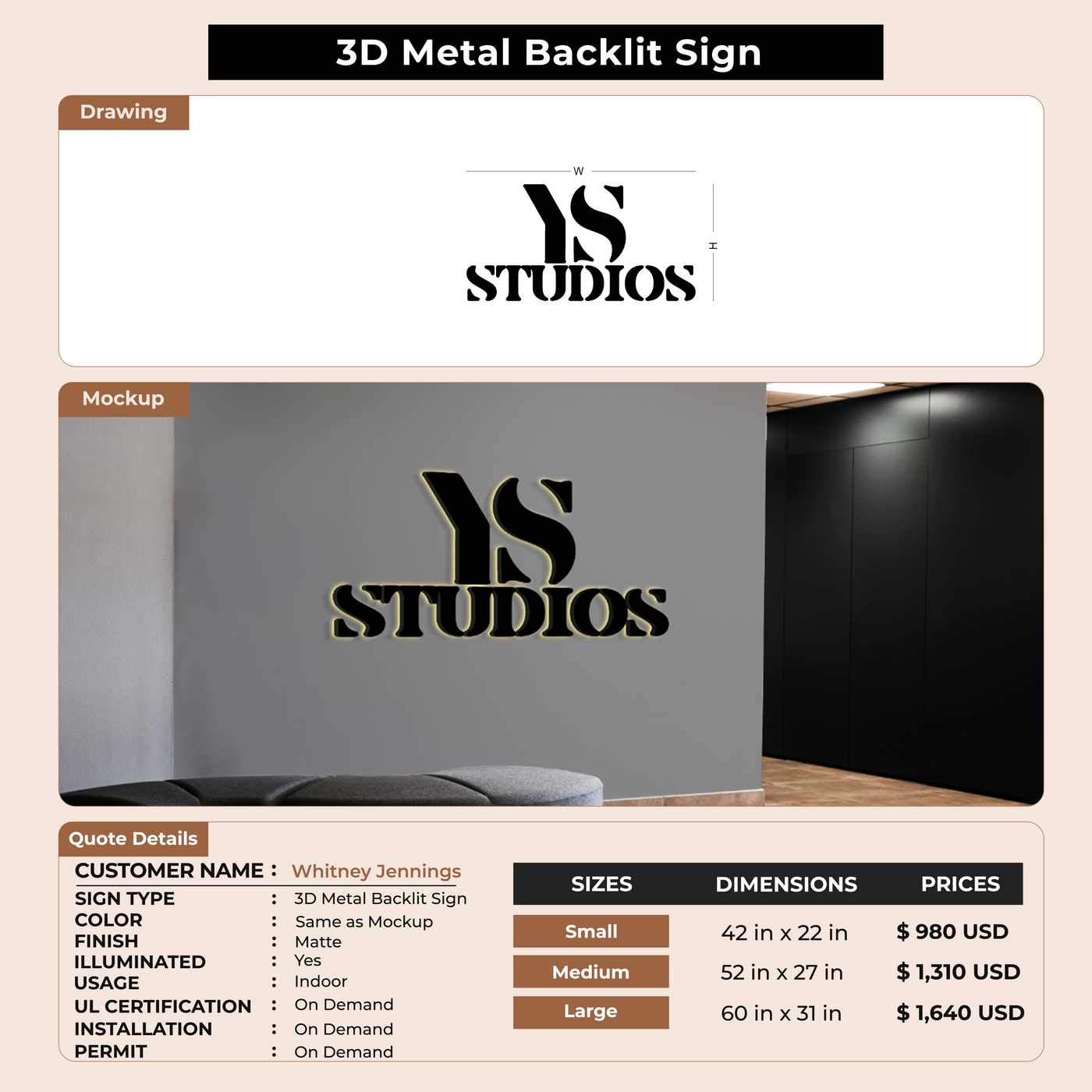 3D metal Backlit Sign for Whitney Jennings