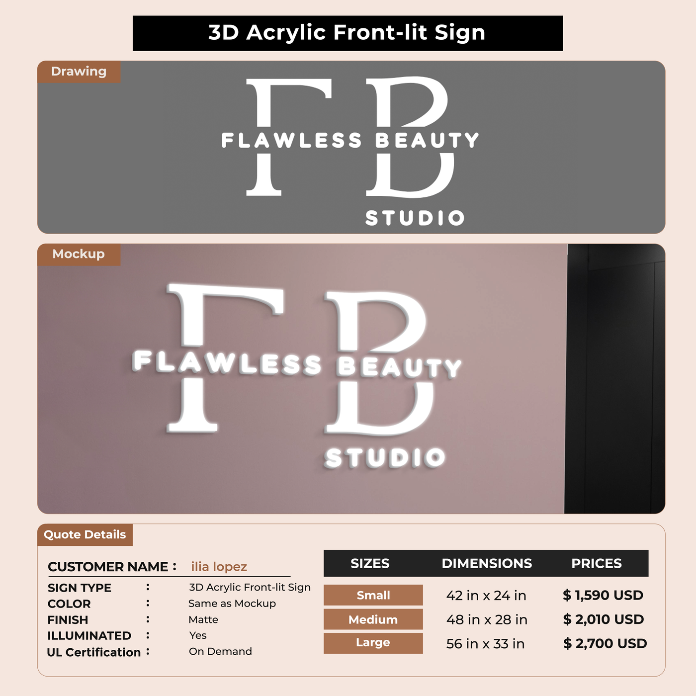 3D Acrylic Front-lit Sign For ilia lopez
