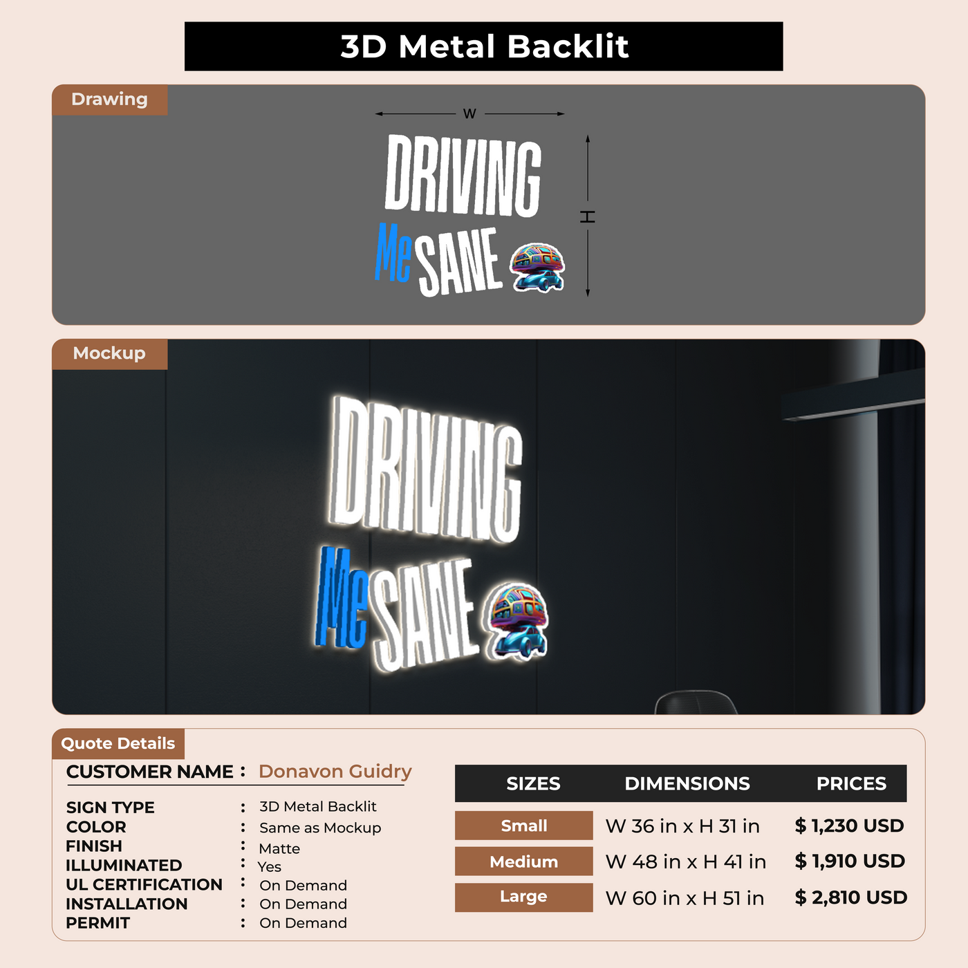 3D Metal Back-lit Sign For Donavon Guidry