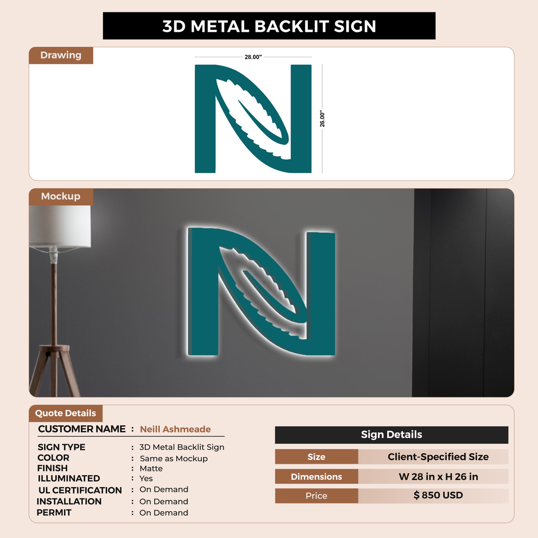 3D Metal Backlit Sign for Neill Ashmeade