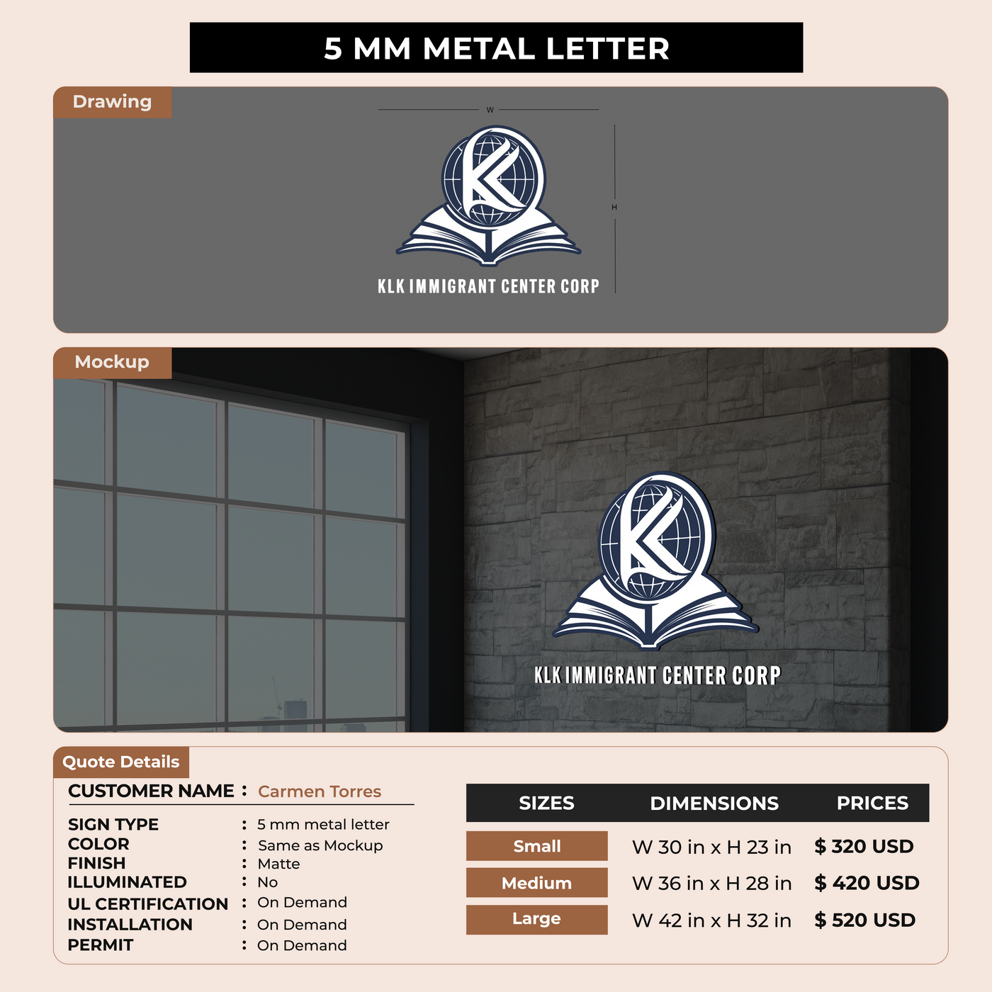 5 mm metal letter sign for Carmen Torres