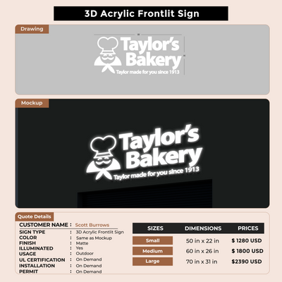 3d acrylic frontlit sign for Scott Burrows
