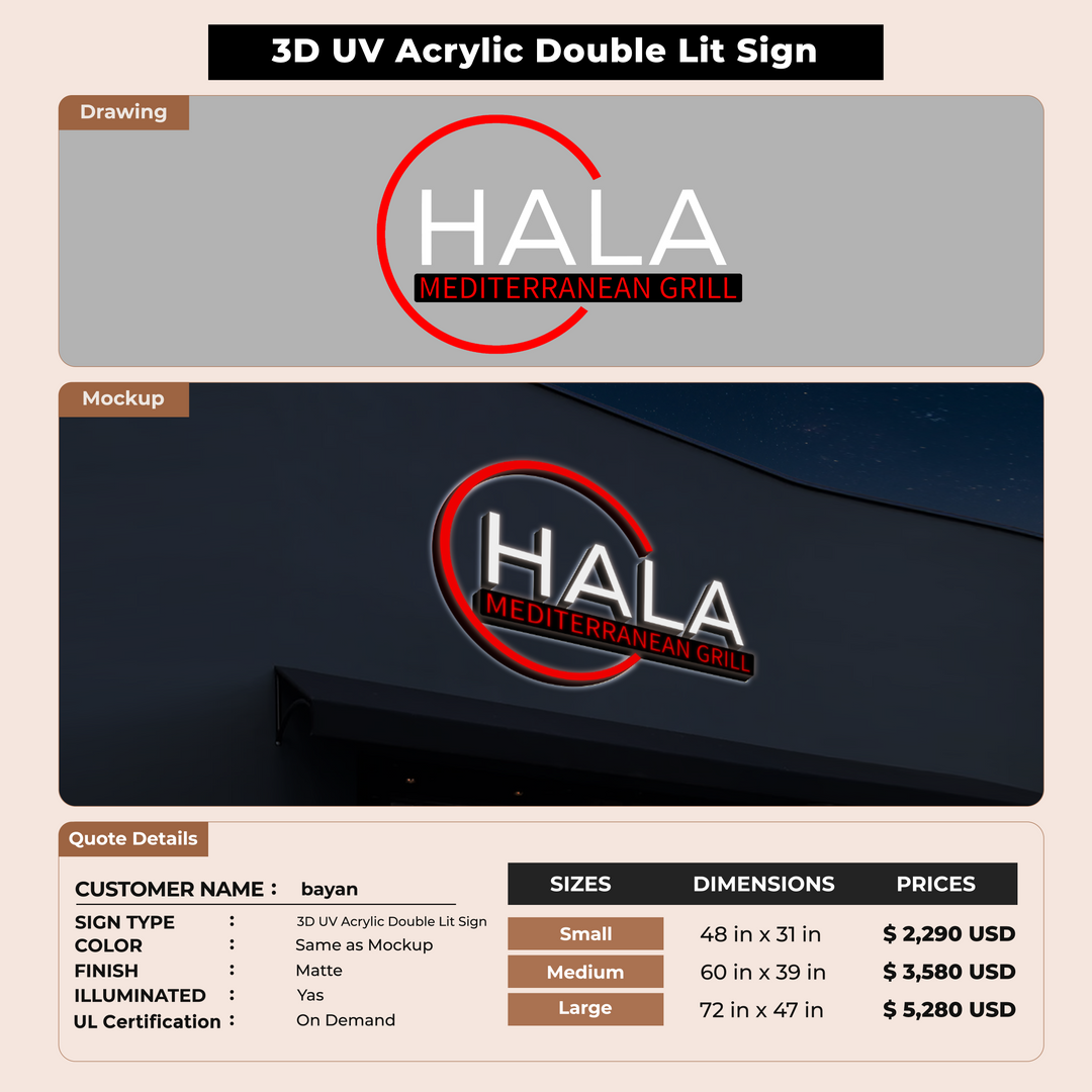3D UV Acrylic Double-lit Sign For bayan