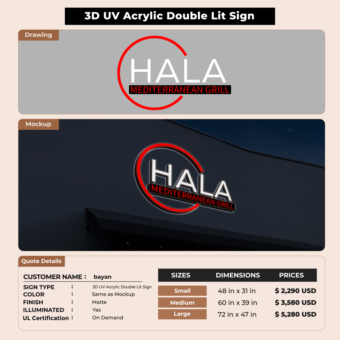 3D UV Acrylic Double-lit Sign For bayan