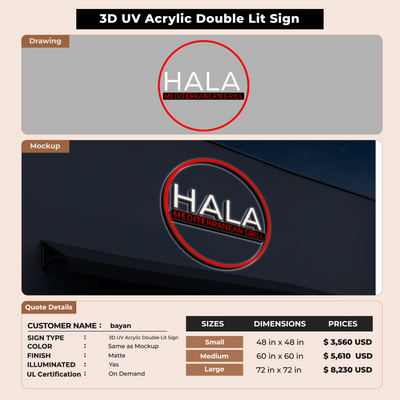 3D UV Acrylic Double-lit Sign For bayan