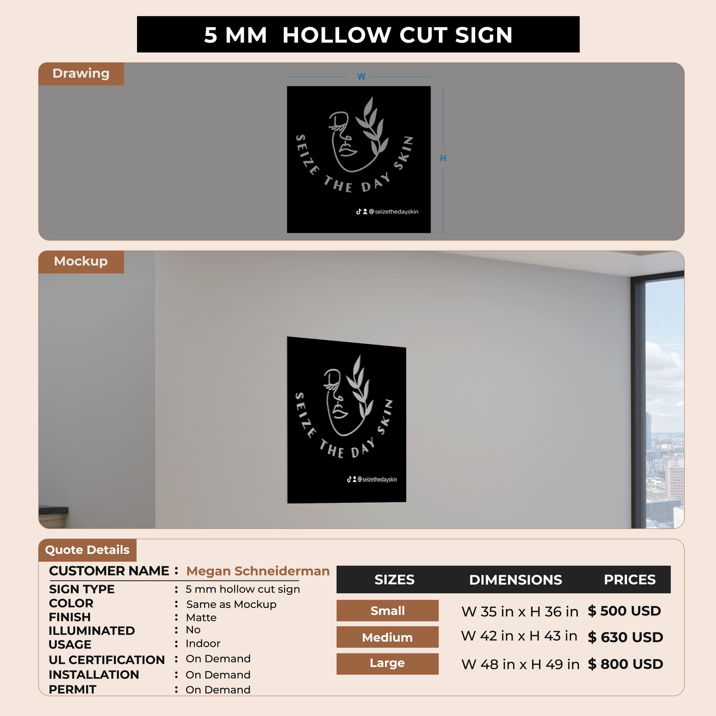 5 mm hollow cut sign for Megan Schneiderman