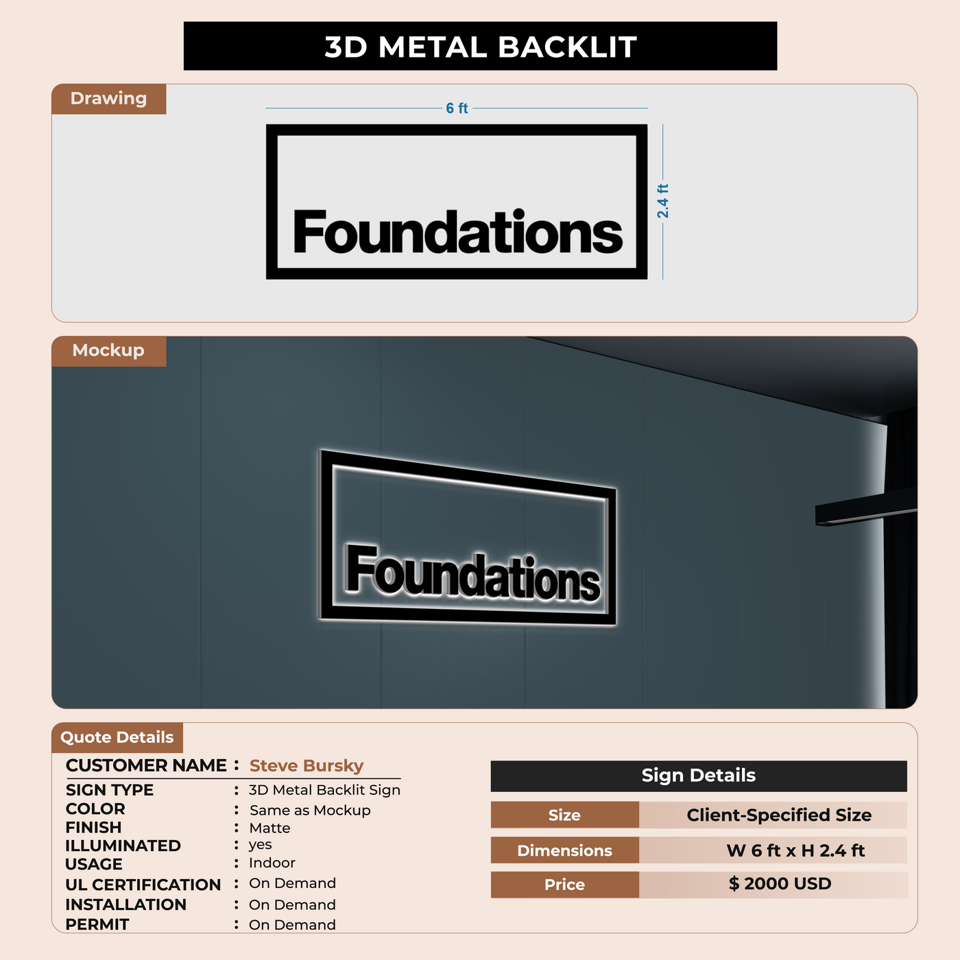 3D Metal Backlit Sign For Steve Bursky