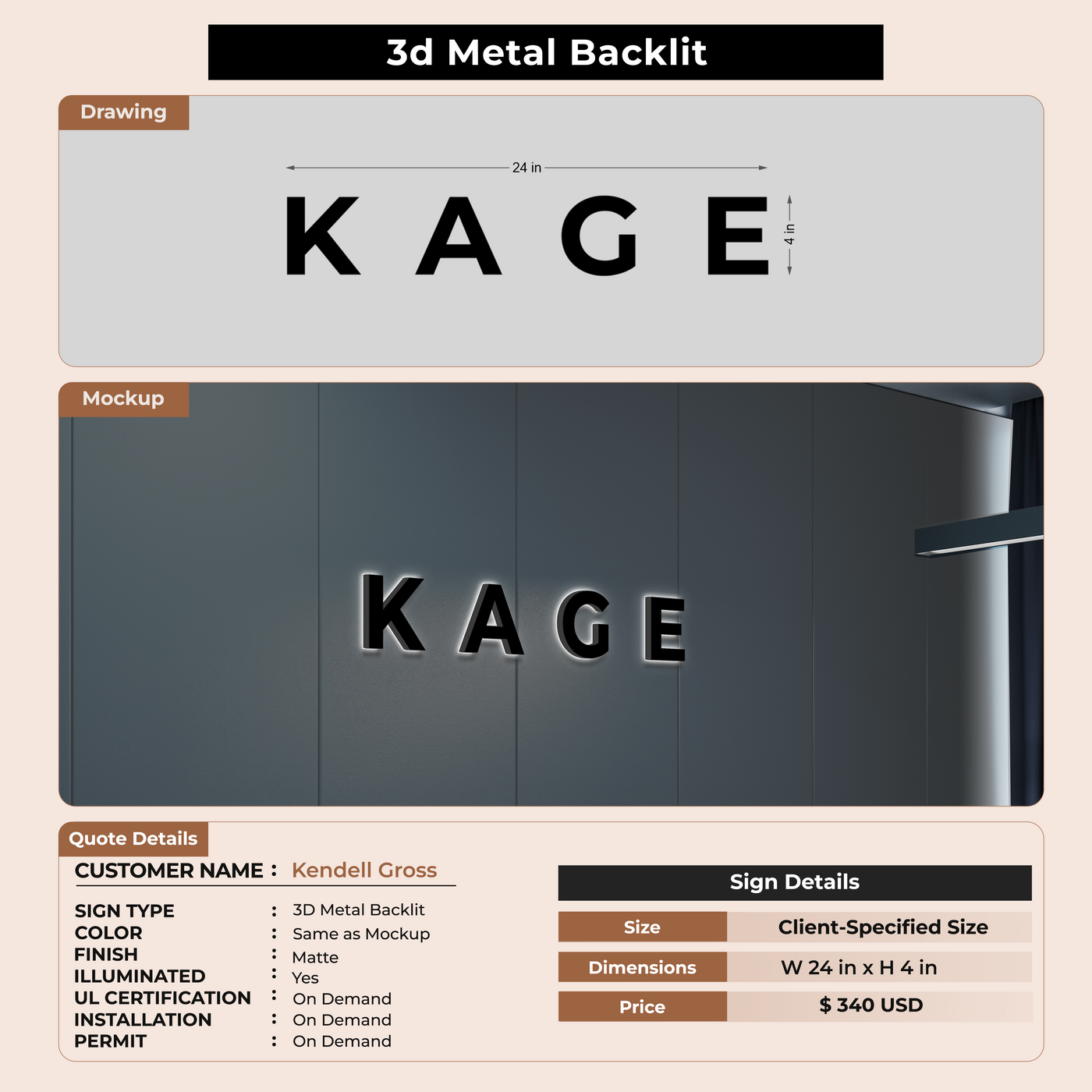3D Metal Back-lit Sign For Kendell Gross