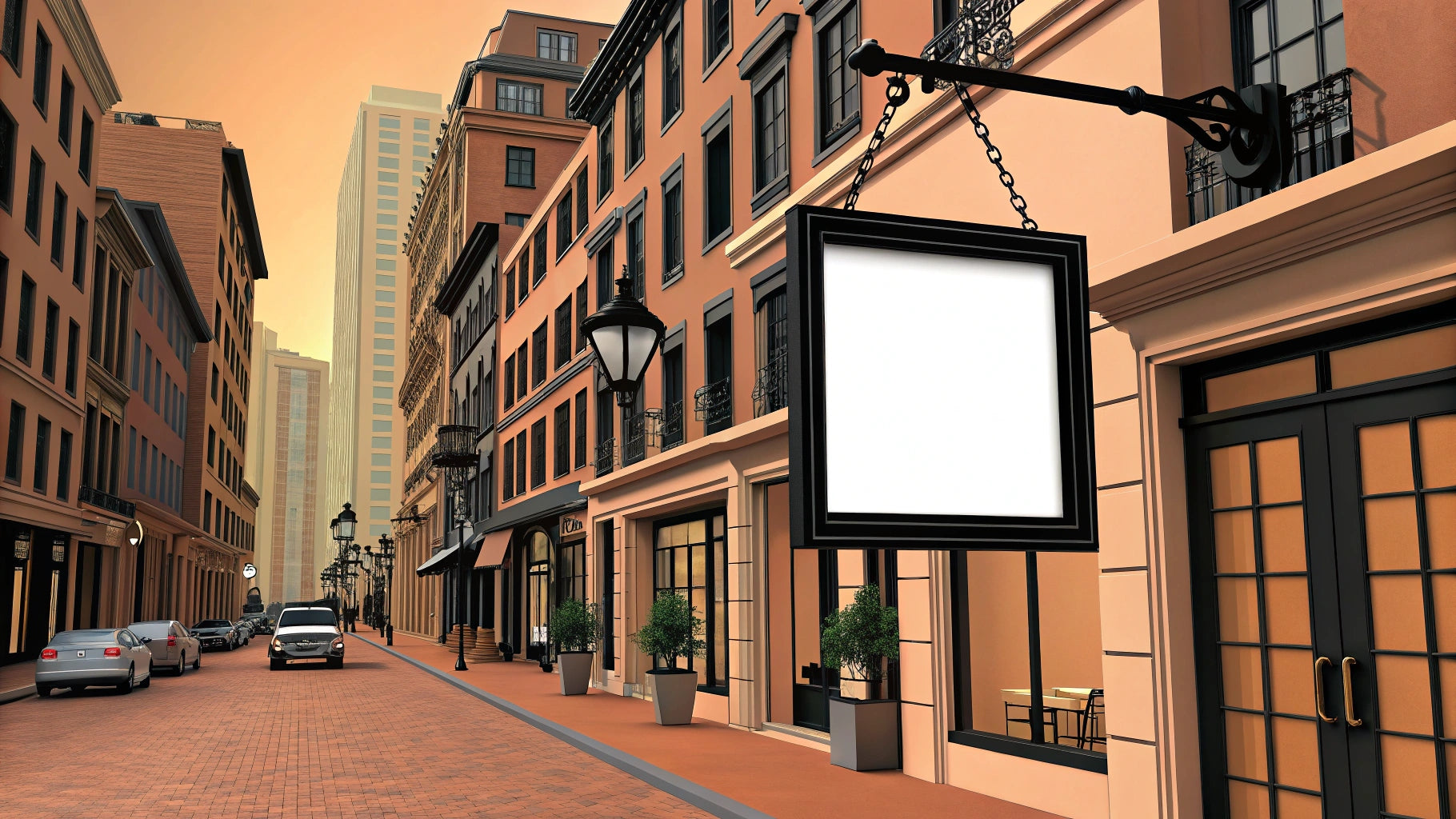 back view of hanging storefront signage on city street
