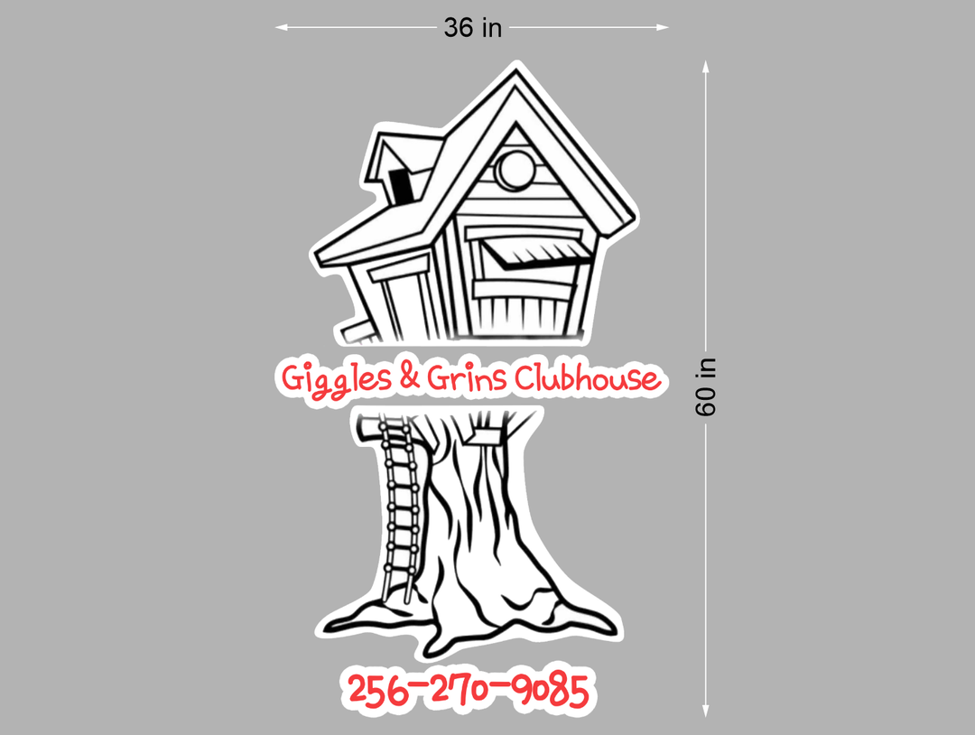 Business signage for Giggles and Grins Clubhouse