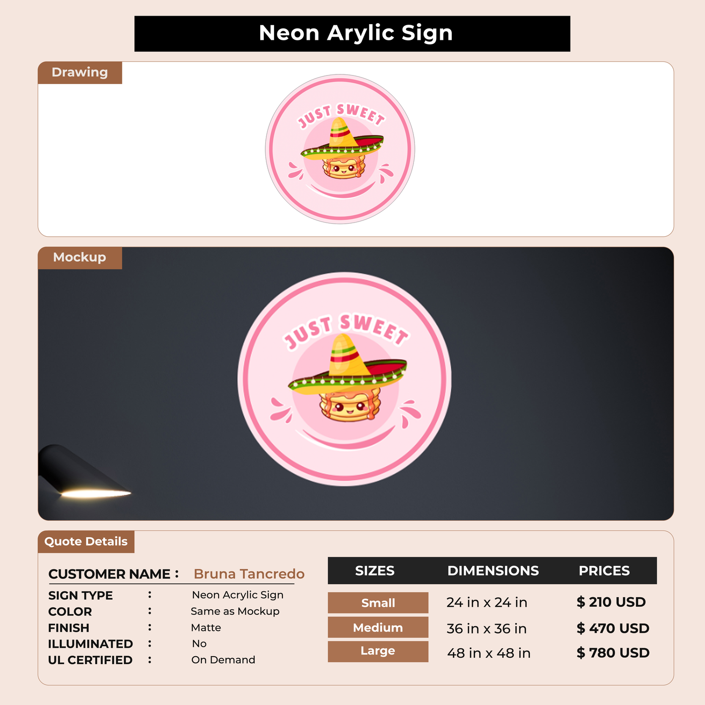 Neon acrylic sign for Bruna Tancredo