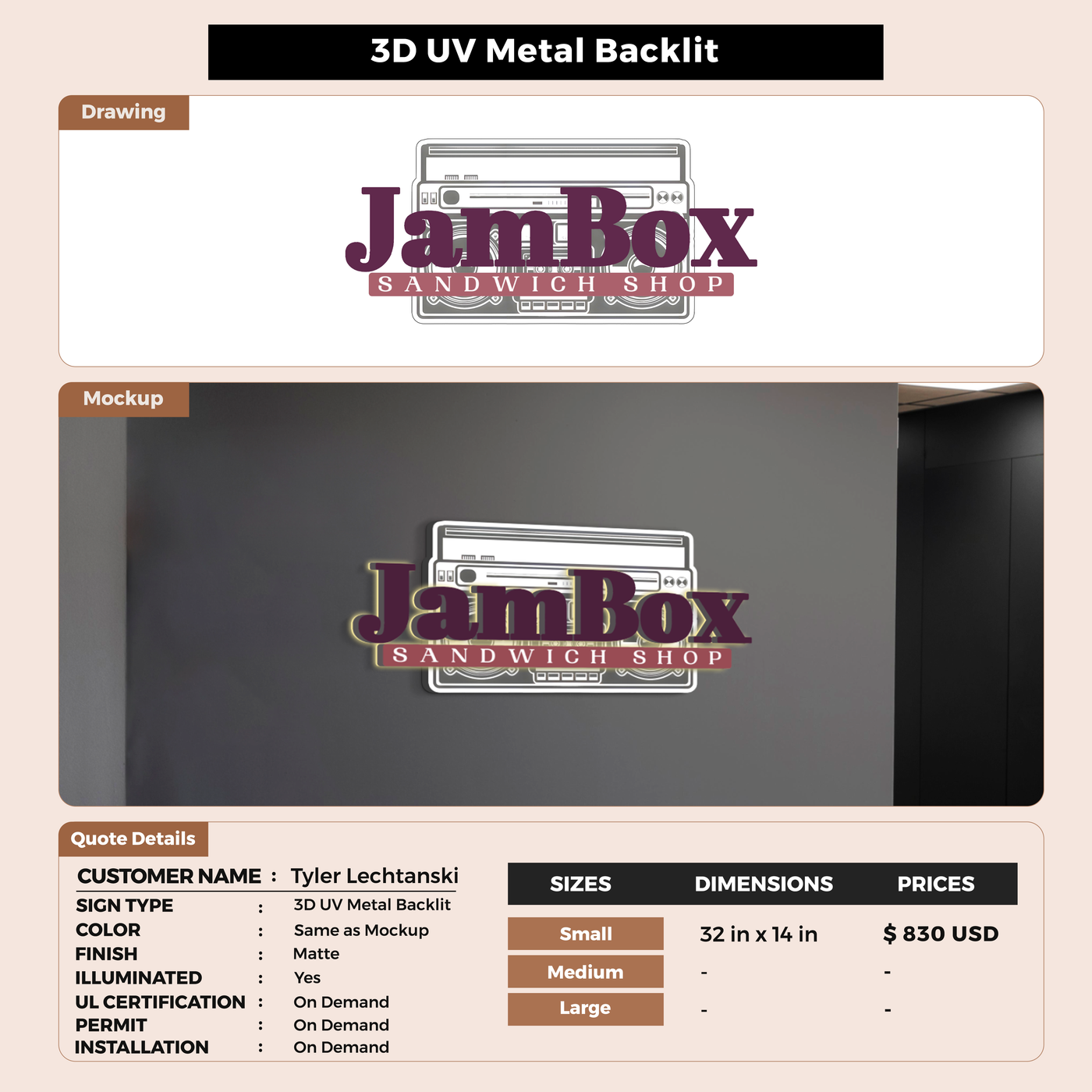 3D UV Metal Backlit Sign for Tyler Lechtanski