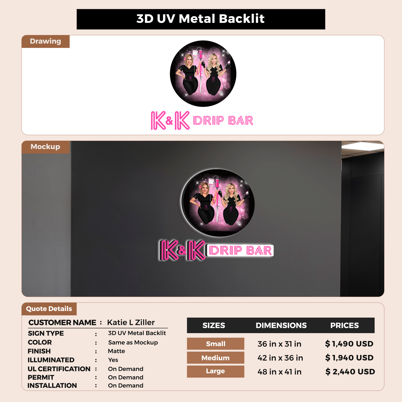 3D UV Metal Backlit Sign for Katie L Ziller