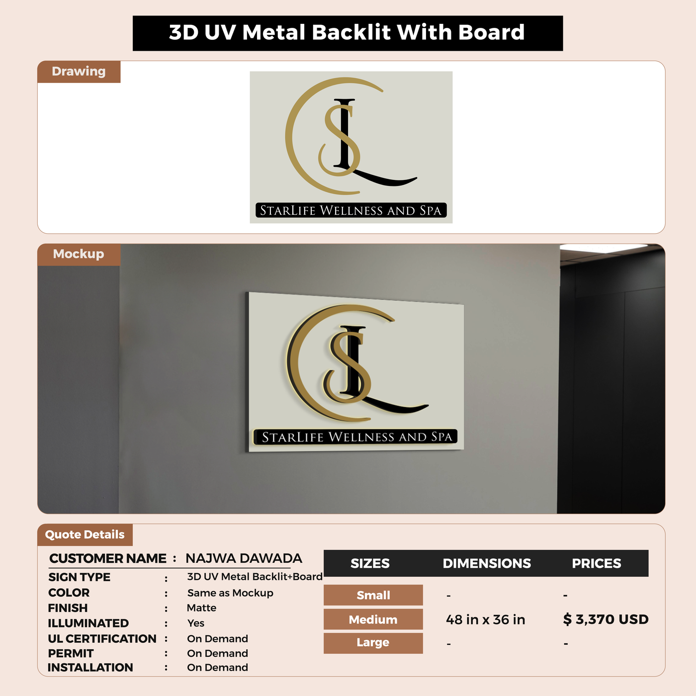 3D UV Metal Backlit with Backboard Sign for Najwa Dawada