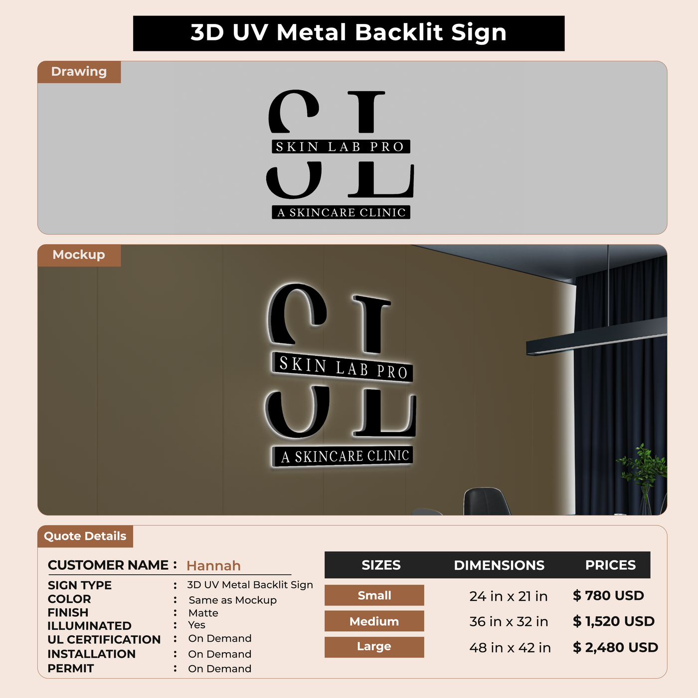 3D UV Metal Backlit Sign for Hannah