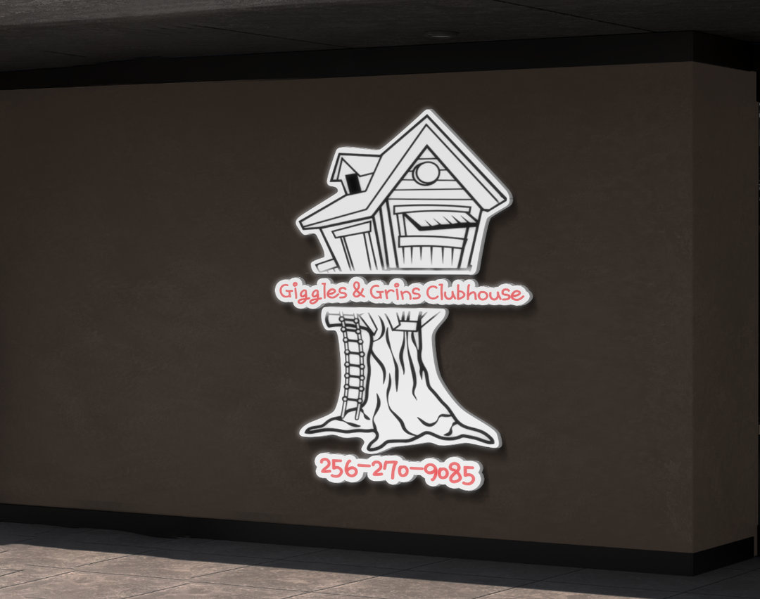 Business signage for Giggles and Grins Clubhouse