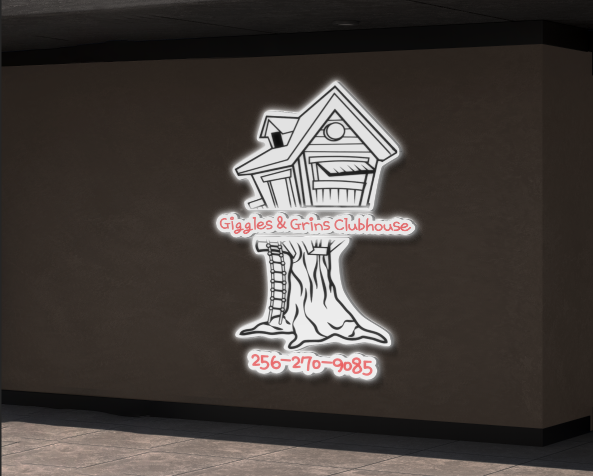 Business signage for Giggles and Grins Clubhouse