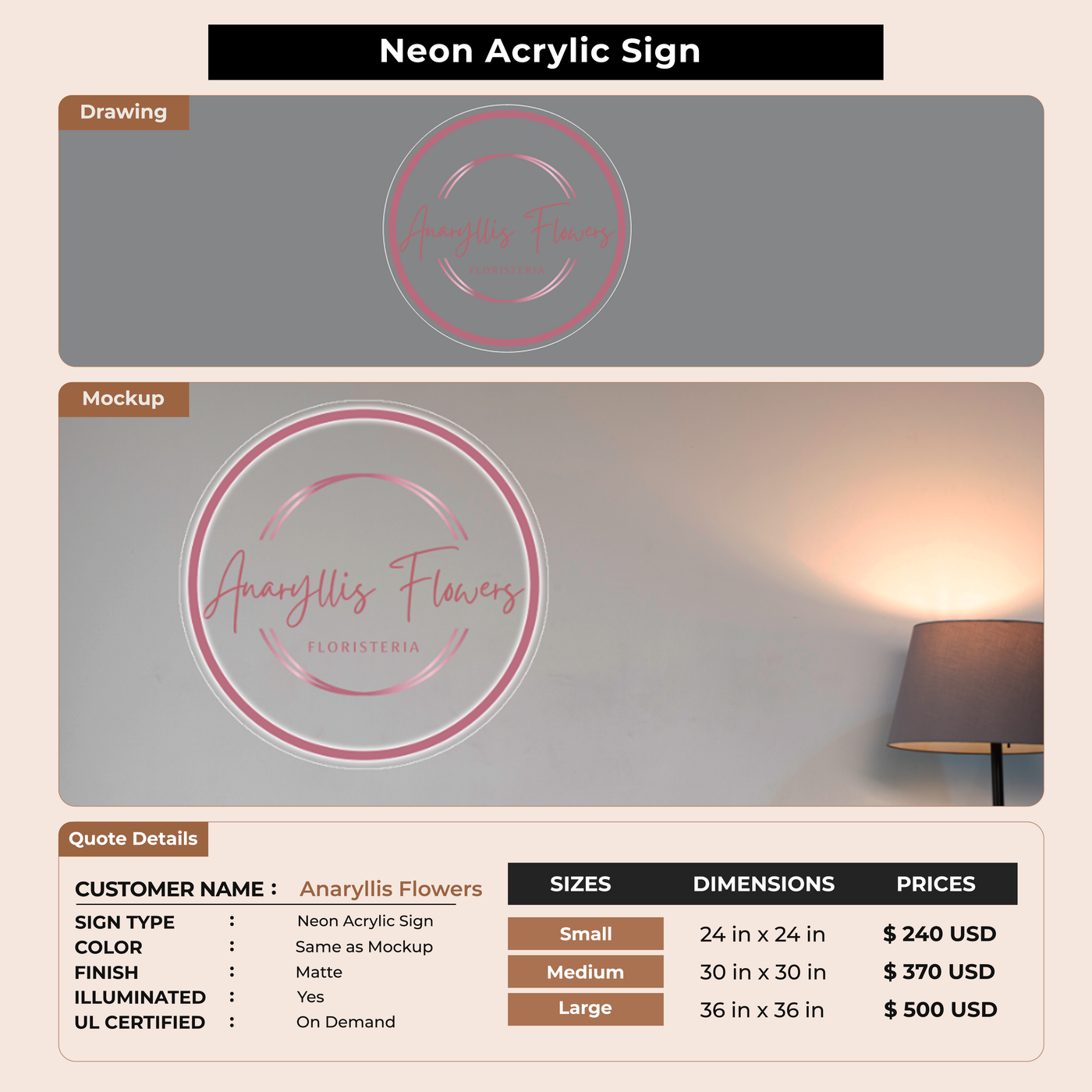 Neon Acrylic Sign For Anaryllis Flowers