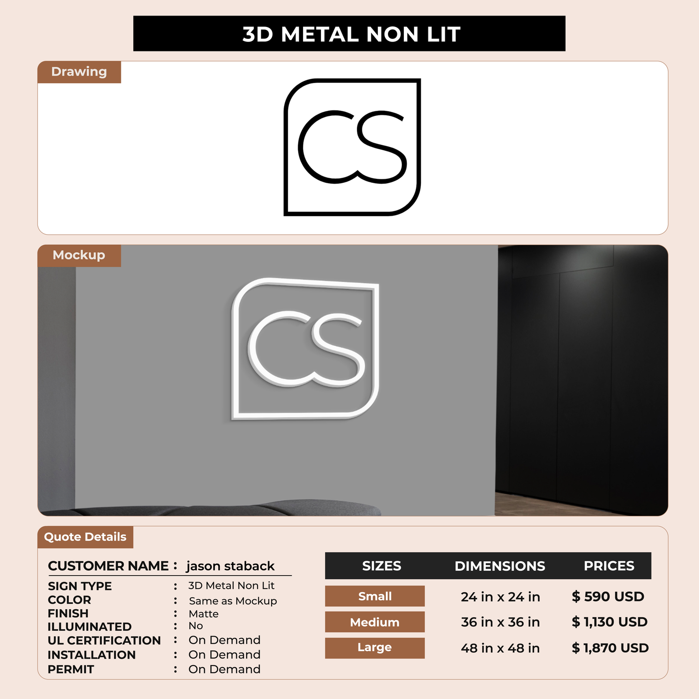 3d metal non-lit sign for jason staback