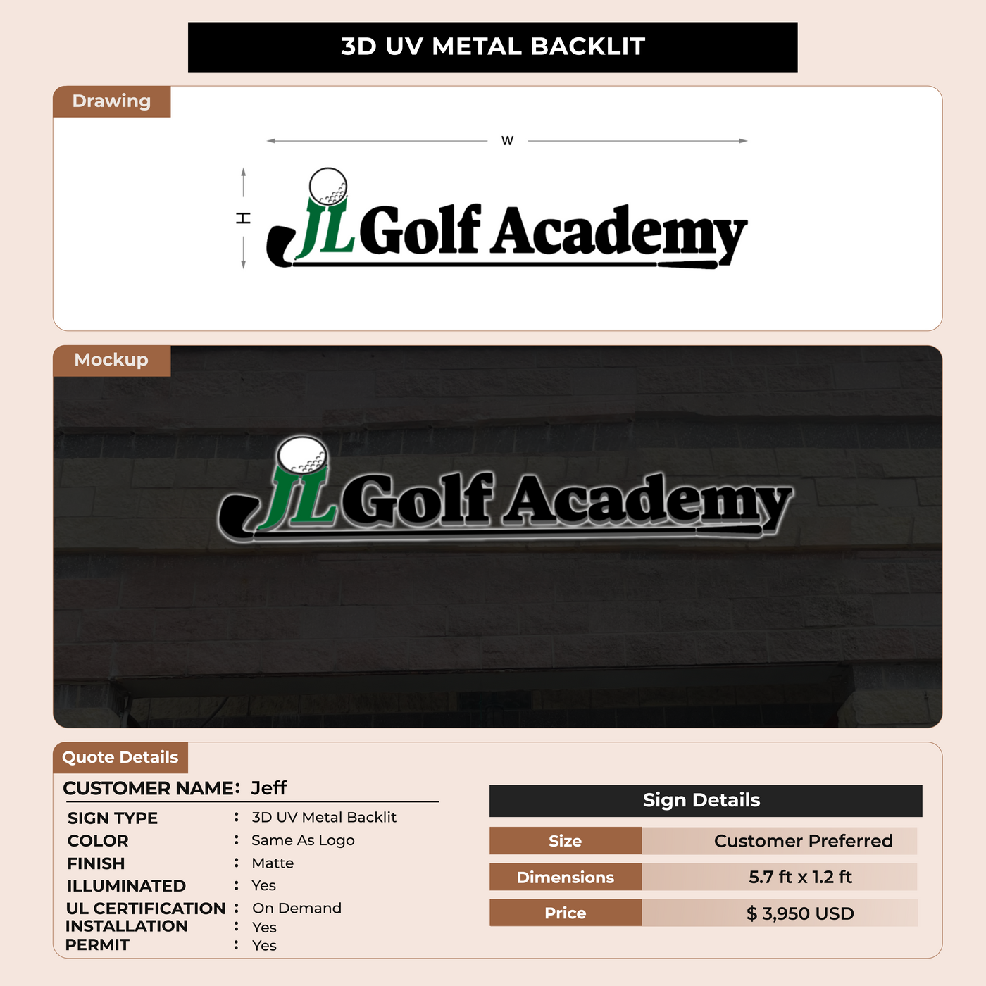3D UV Metal Backlit Sign for Jeff