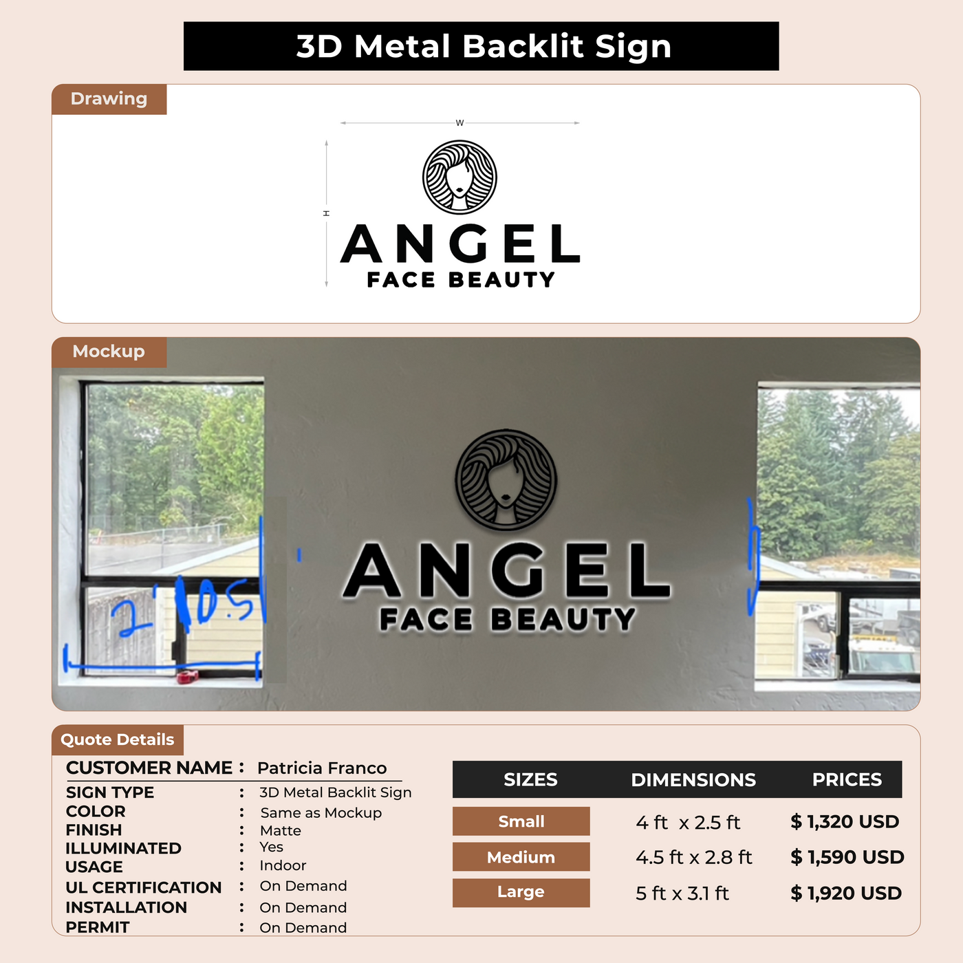 3D Metal Backlit Sign for Patricia Franco