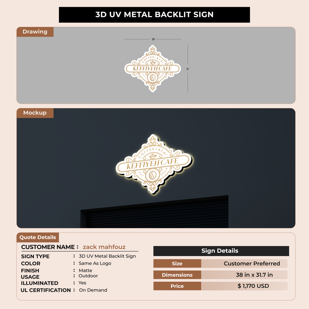 3D UV Metal Backlit Sign for zack mahfouz