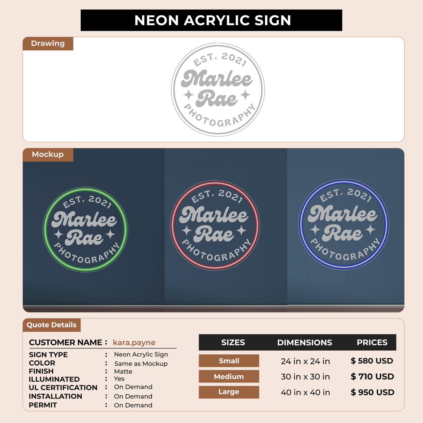 Neon acrylic for Kara payne